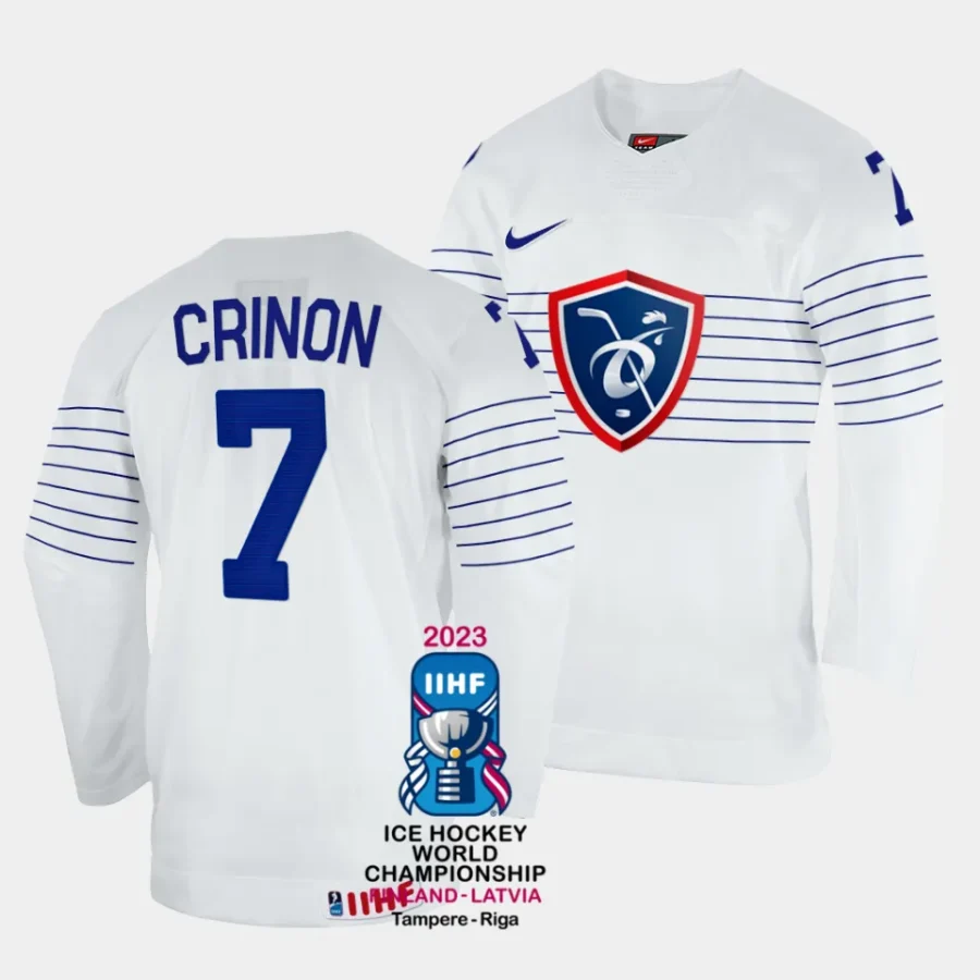 france pierre crinon 2023 iihf world championship white home jersey