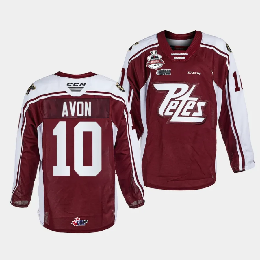 j.r. avon peterborough petes maroon 2023 ohl champions memorial cup jersey