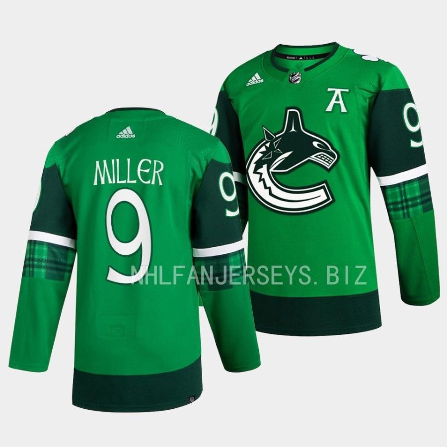 j.t. miller canucks green 2023 st. patricks day primegreen authentic jersey