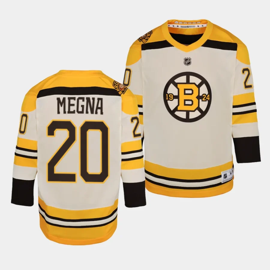 jayson megna bruins 2023 24100th anniversary youth creampremier jersey