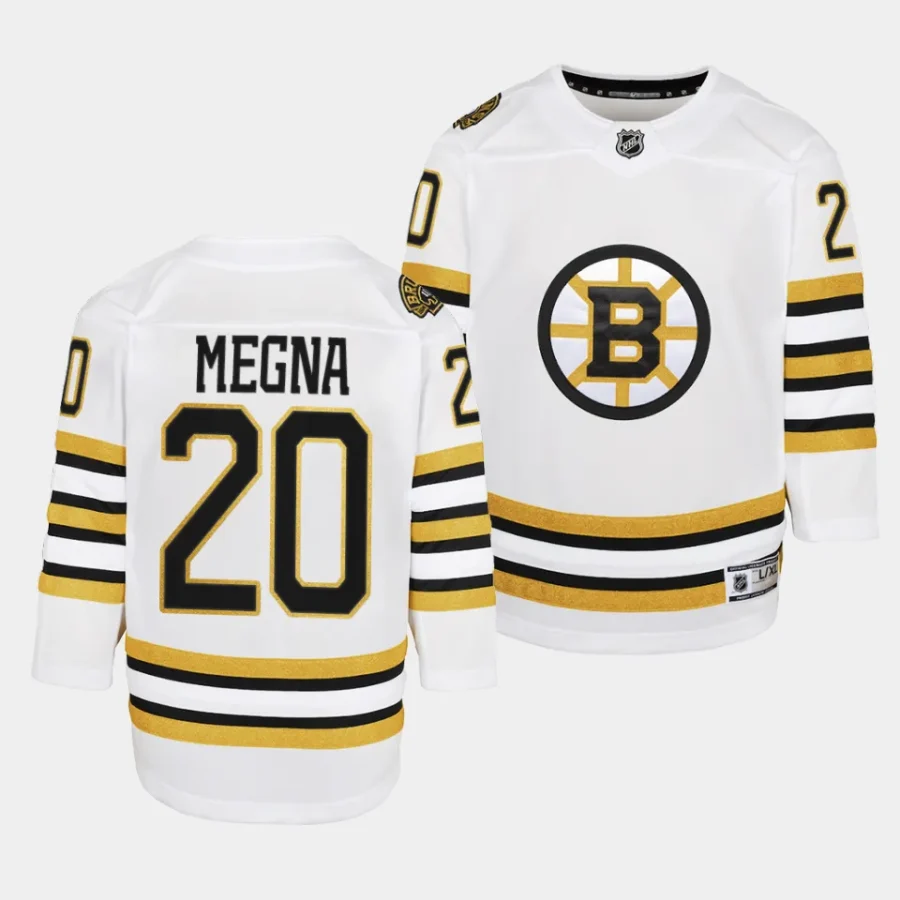 jayson megna bruins 2023 24100th anniversary youth white jersey