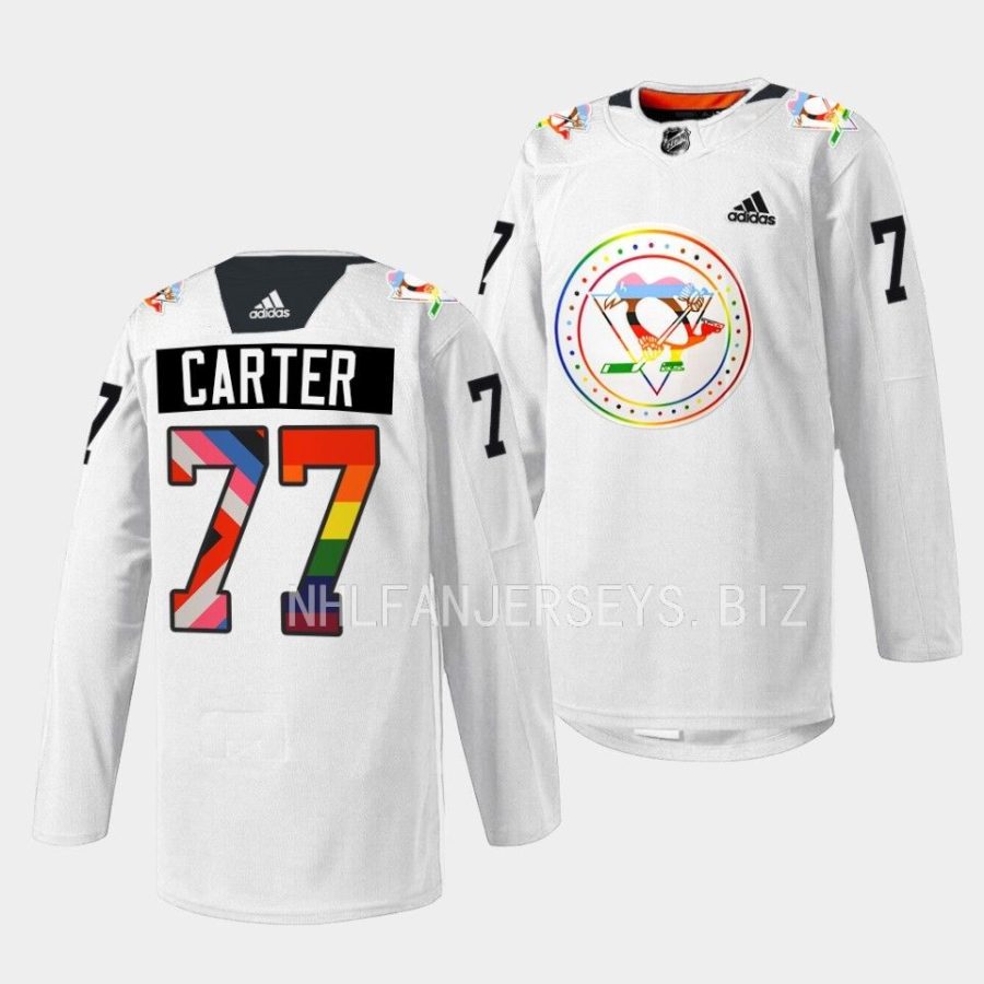 jeff carter penguins rainbow 2022pride warmup white jersey