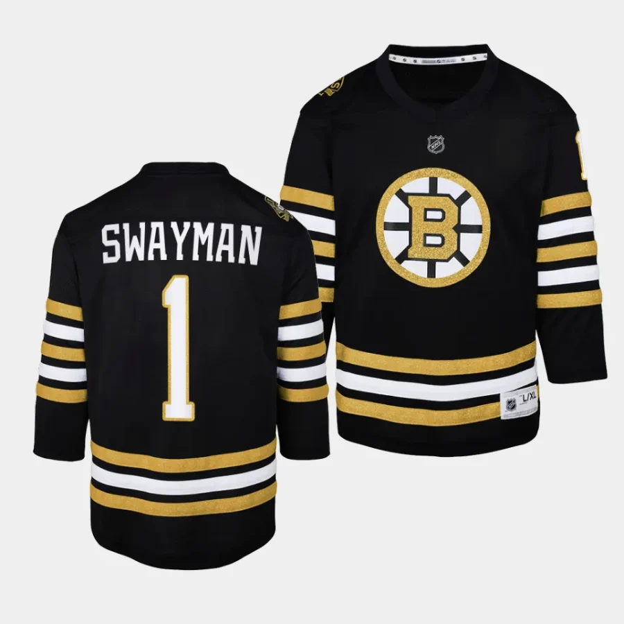 jeremy swayman bruins 2023 24100th anniversary youth blackpremier jersey