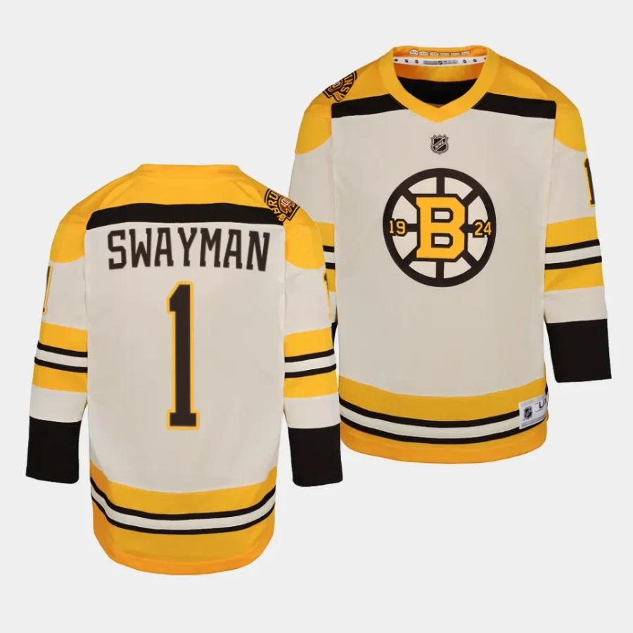 jeremy swayman bruins 2023 24100th anniversary youth creampremier jersey