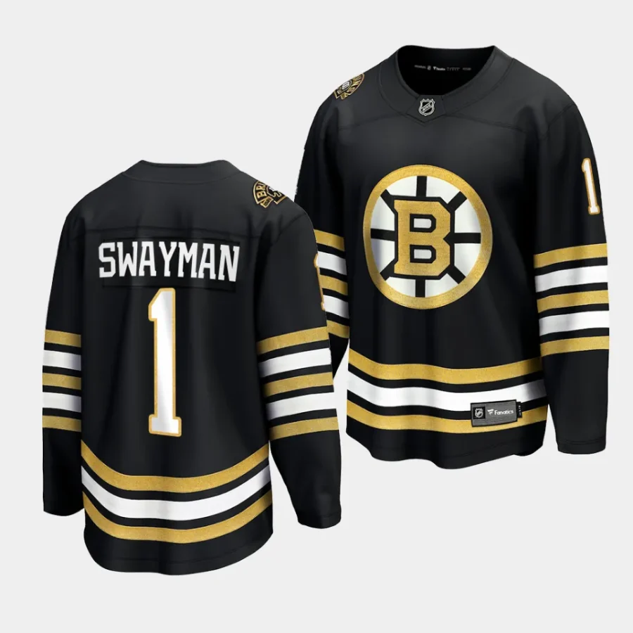 jeremy swayman bruins black 2023 24 100th anniversary premier jersey