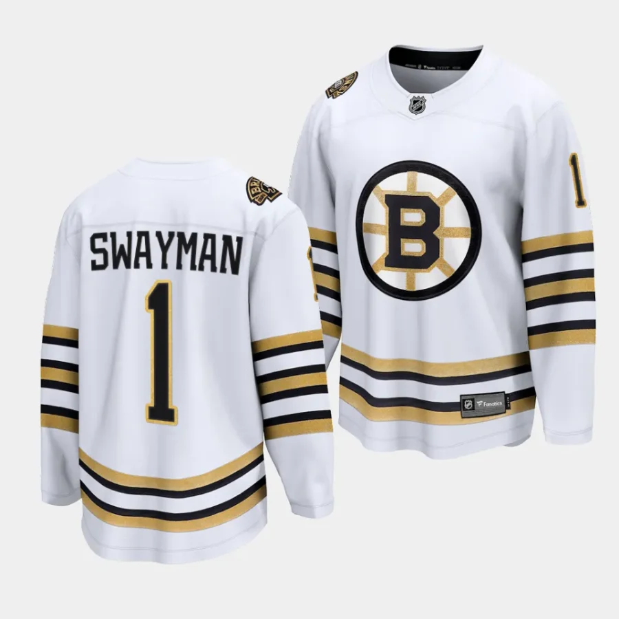 jeremy swayman bruins white 2023 24100th anniversary premier jersey