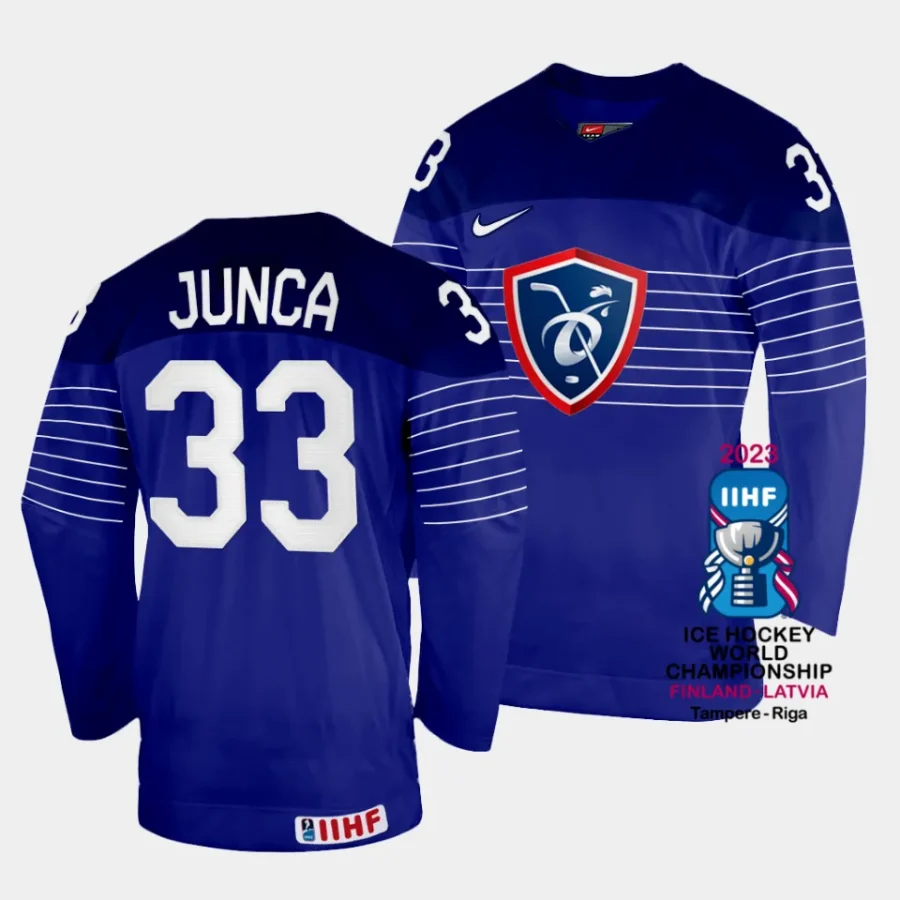 julian junca france 2023 iihf world championship away blue jersey