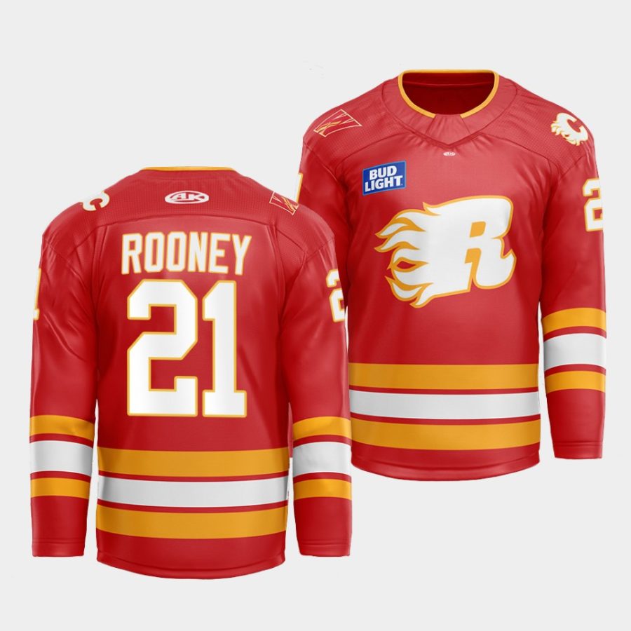 kevin rooney flames red 2022 23flames x rush x cgy wranglers warmup jersey