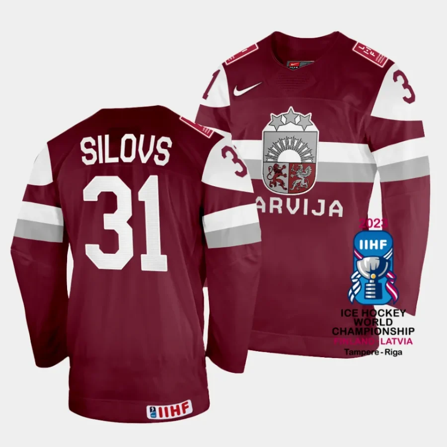 latvia arturs silovs 2023 iihf world championship maroon away jersey