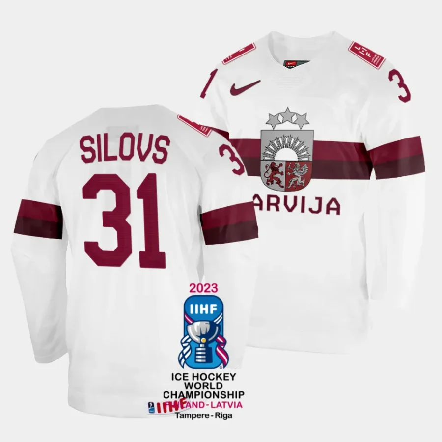 latvia arturs silovs 2023 iihf world championship white home jersey