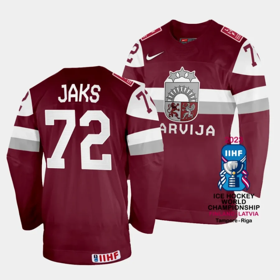 latvia jnis jaks 2023 iihf world championship maroon away jersey