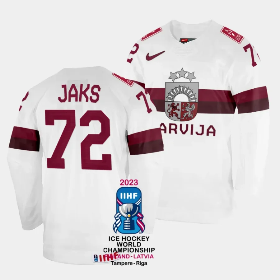 latvia jnis jaks 2023 iihf world championship white home jersey