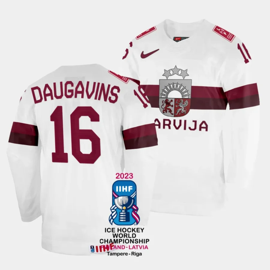 latvia kaspars daugavins 2023 iihf world championship white home jersey