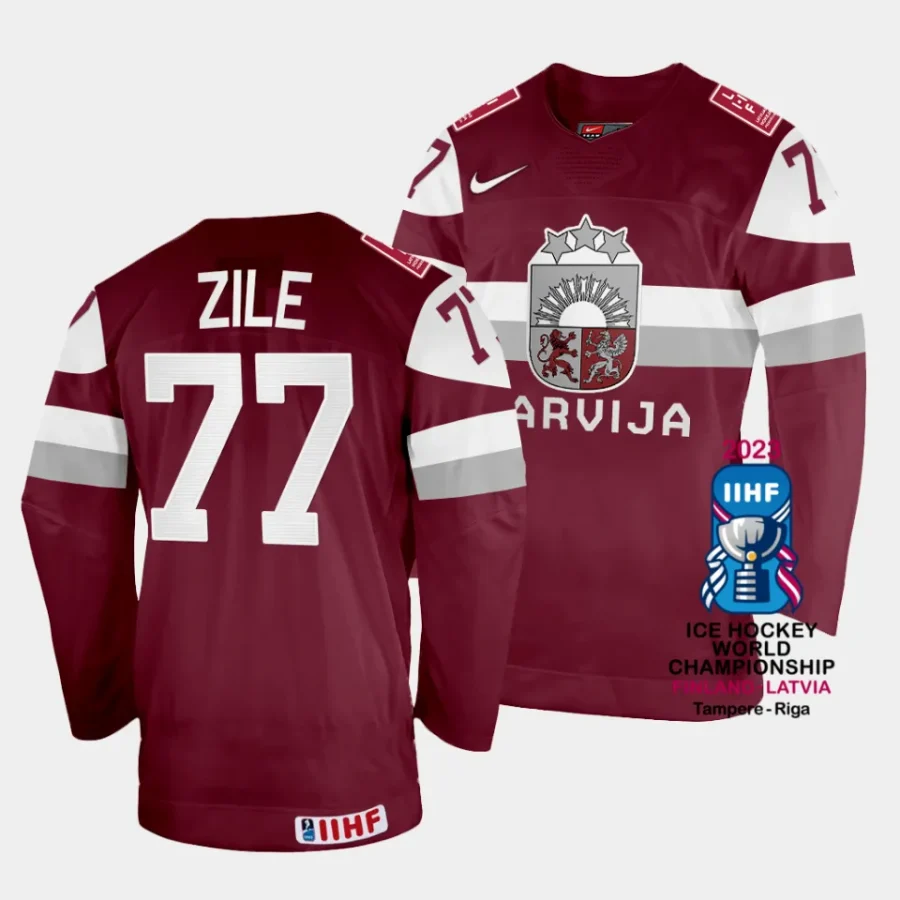 latvia kristaps zile 2023 iihf world championship maroon away jersey