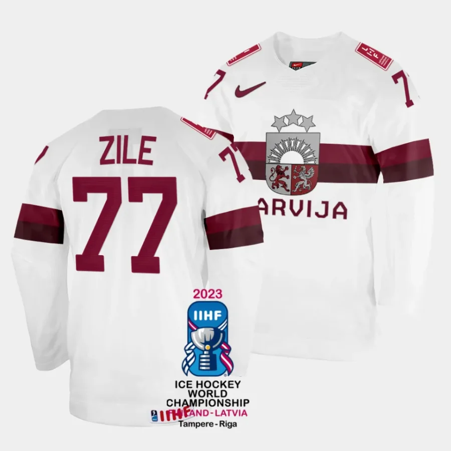 latvia kristaps zile 2023 iihf world championship white home jersey