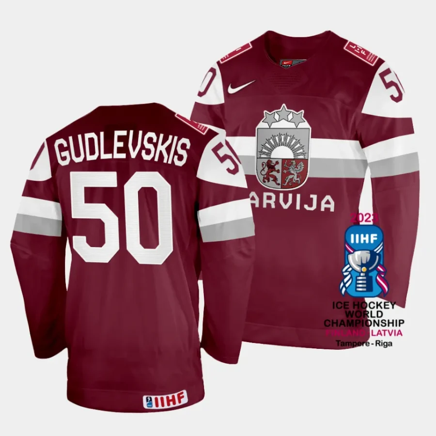 latvia kristers gudlevskis 2023 iihf world championship maroon away jersey