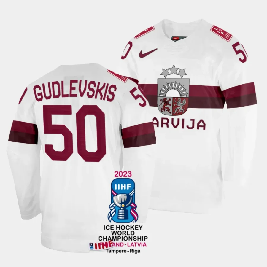 latvia kristers gudlevskis 2023 iihf world championship white home jersey