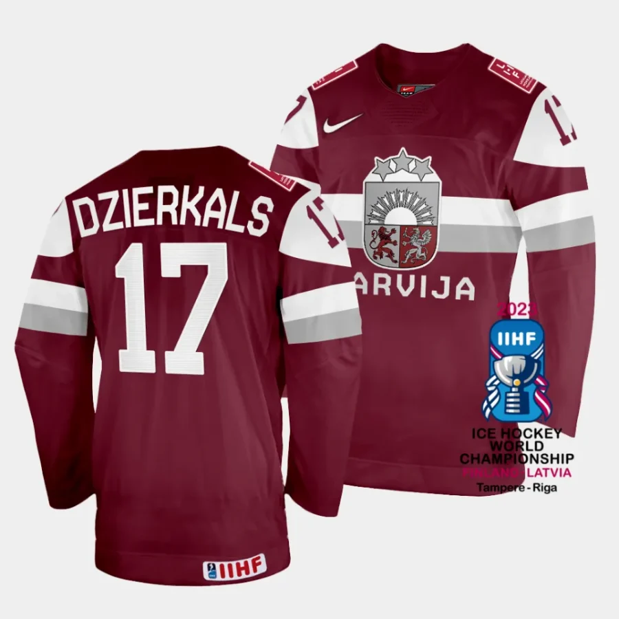 latvia martins dzierkals 2023 iihf world championship maroon away jersey