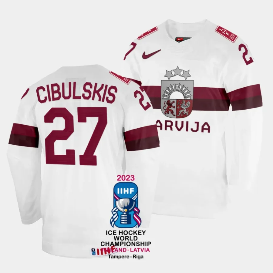 latvia oskars cibulskis 2023 iihf world championship white home jersey