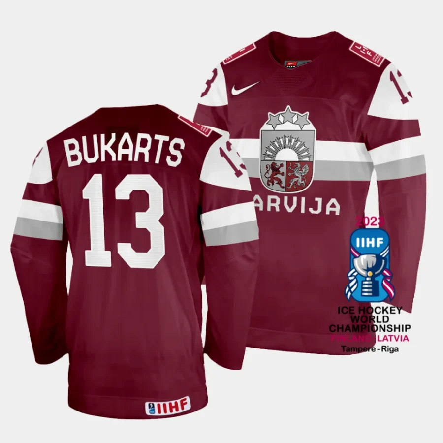 latvia rihards bukarts 2023 iihf world championship maroon away jersey