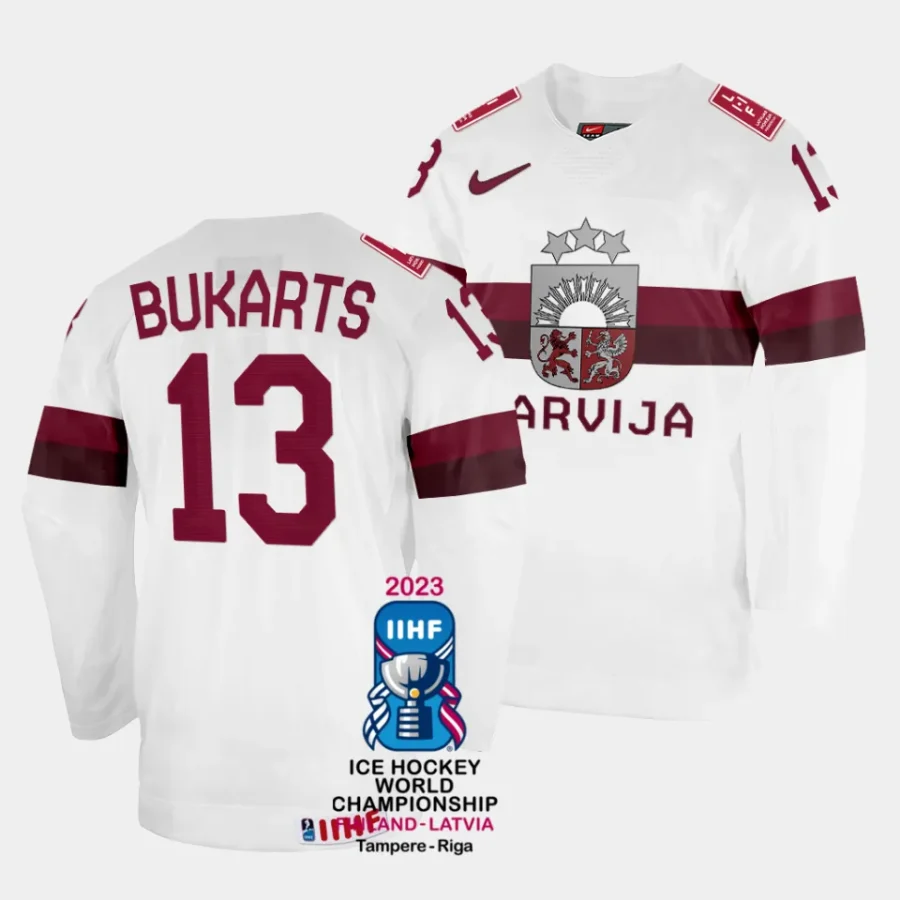 latvia rihards bukarts 2023 iihf world championship white home jersey