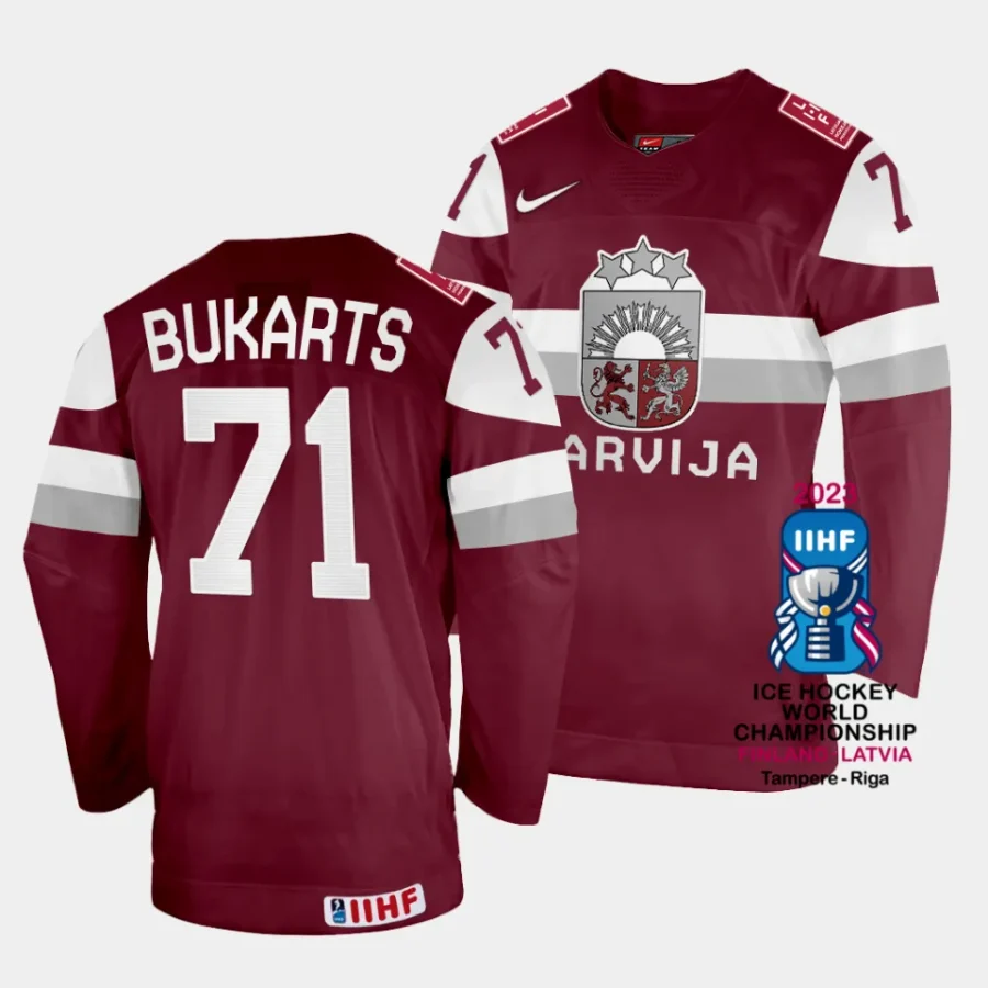 latvia roberts bukarts 2023 iihf world championship maroon away jersey