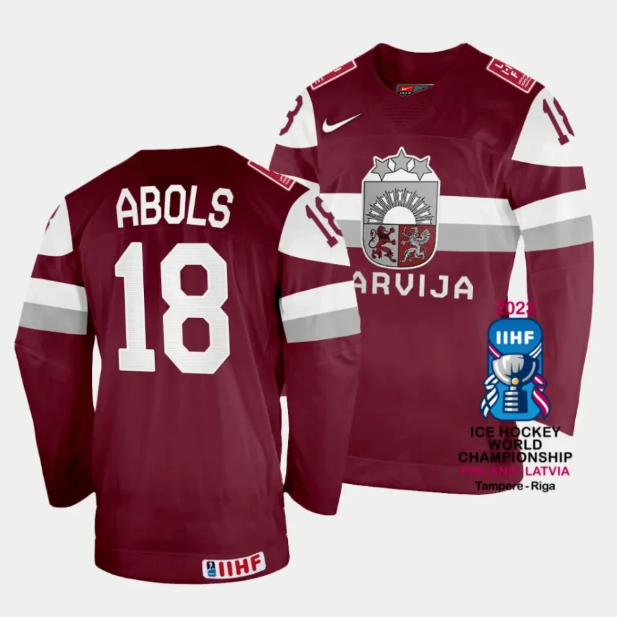 latvia rodrigo abols 2023 iihf world championship maroon away jersey