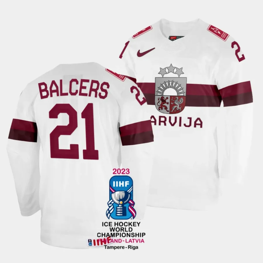 latvia rudolfs balcers 2023 iihf world championship white home jersey