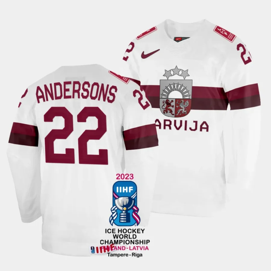 latvia toms andersons 2023 iihf world championship white home jersey