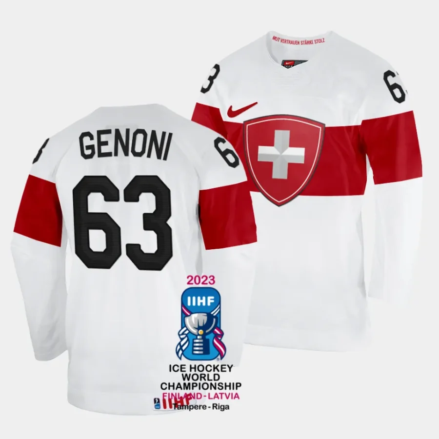 leonardo genoni switzerland 2023 iihf world championship home white jersey