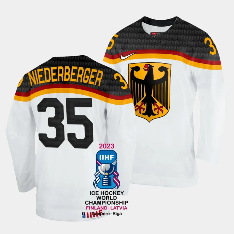 mathias niederberger germany 2023 iihf world championship home white jersey