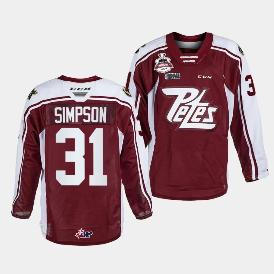 michael simpson peterborough petes maroon 2023 ohl champions memorial cup jersey