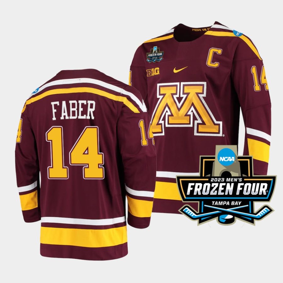 minnesota golden gophers brock faber 2023 ncaa frozen four maroon ice hockey jersey