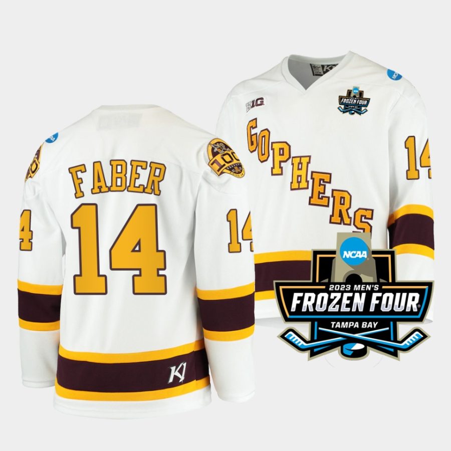 minnesota golden gophers brock faber 2023 ncaa hockey national championship white 100th season jersey