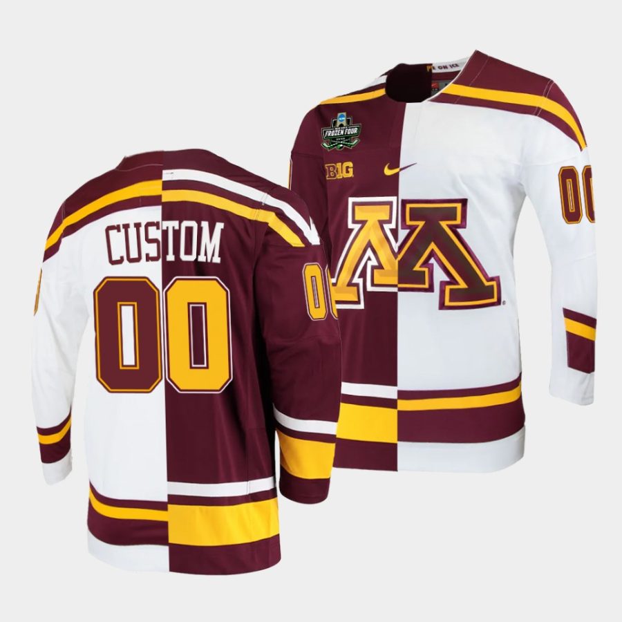 minnesota golden gophers custom 2022 frozen four white maroon split edition jersey