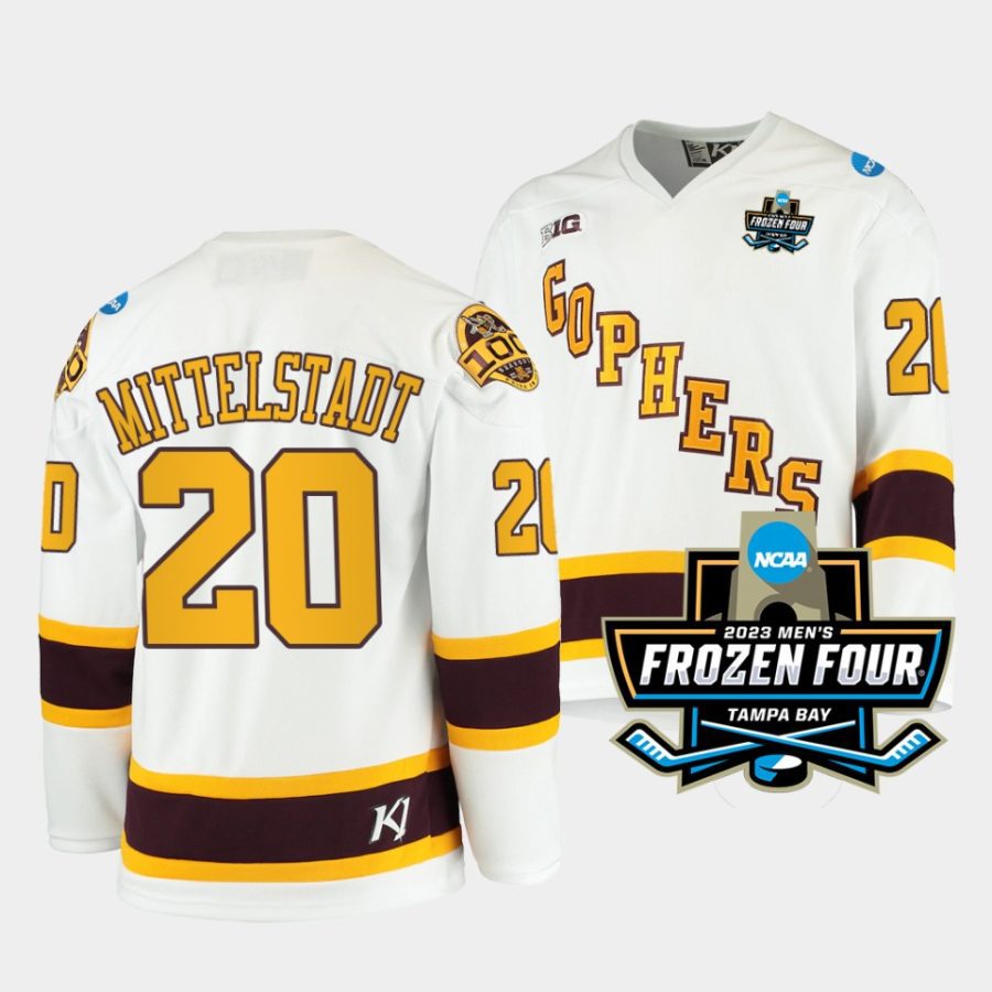 minnesota golden gophers luke mittelstadt 2023 ncaa hockey national championship white 100th season jersey