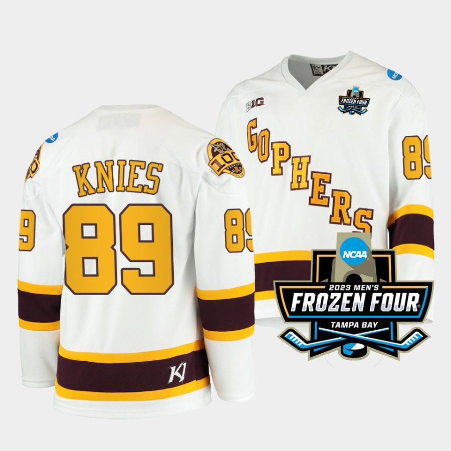 minnesota golden gophers matthew knies 2023 ncaa hockey national championship white 100th season jersey