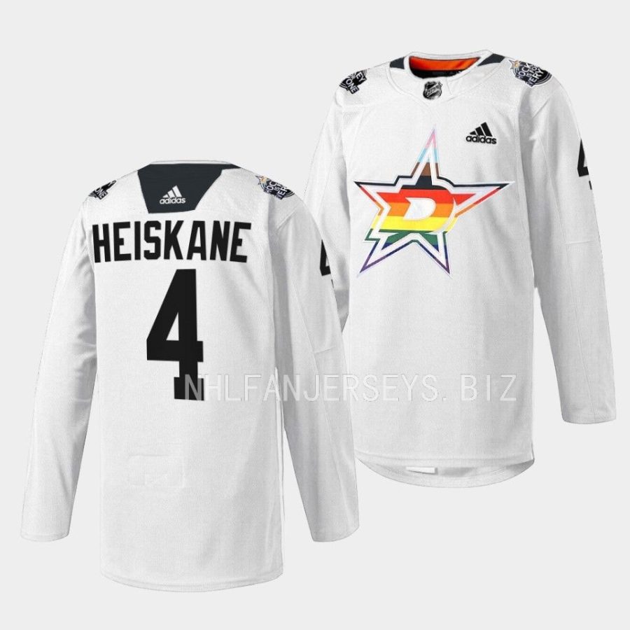 miro heiskanen stars warm up 2023 pride night white jersey