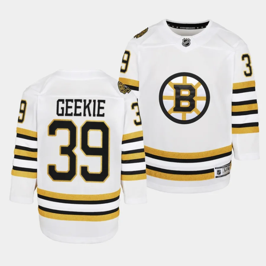 morgan geekie bruins 2023 24100th anniversary youth white jersey