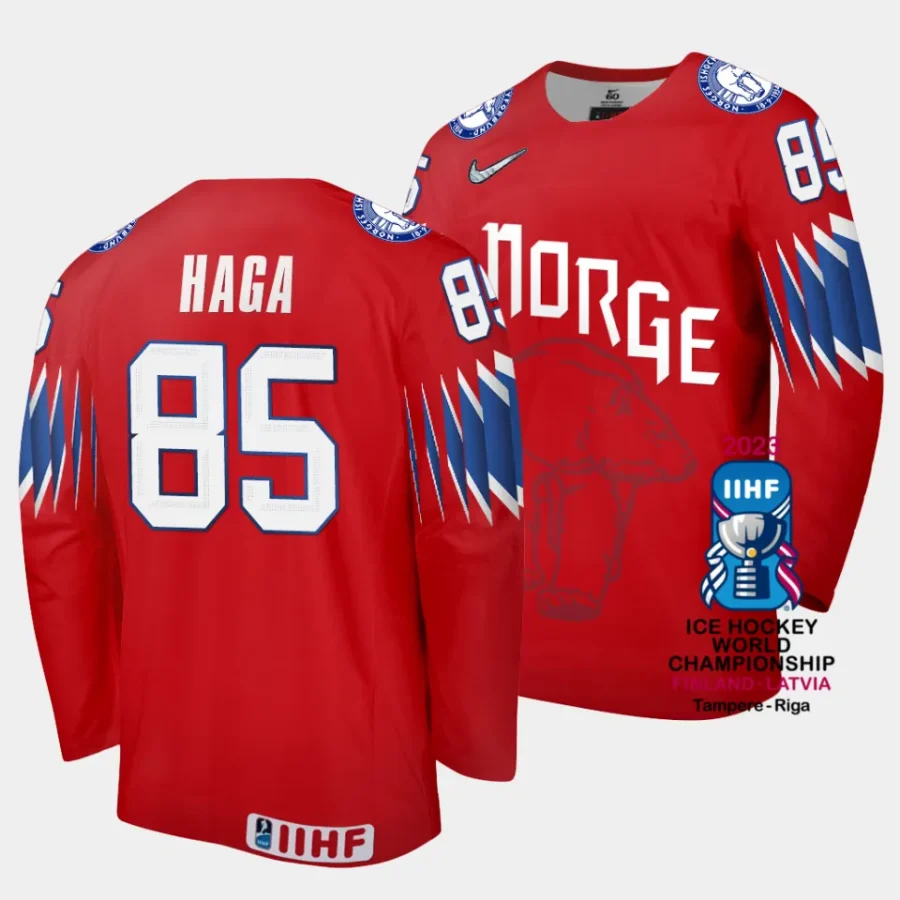 norway michael haga 2023 iihf world championship red away jersey