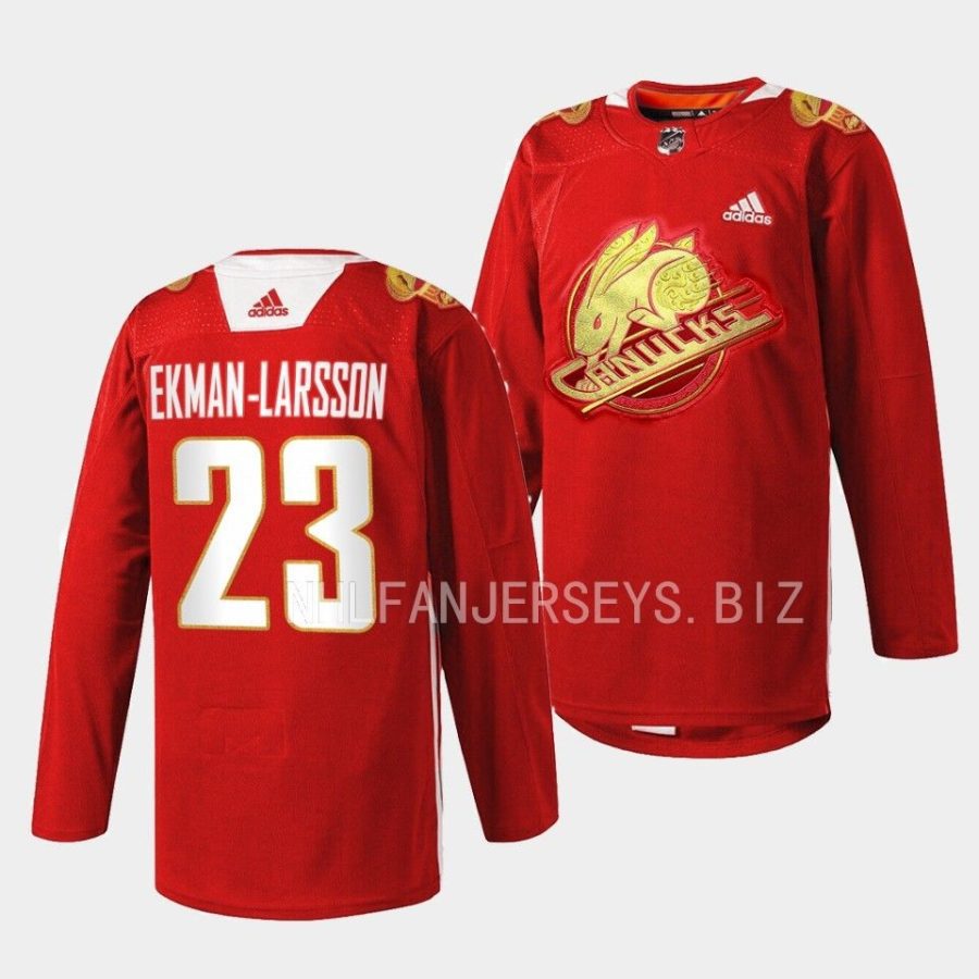 oliver ekman larsson canucks rabbit warm up 2023 lunar new year red jersey