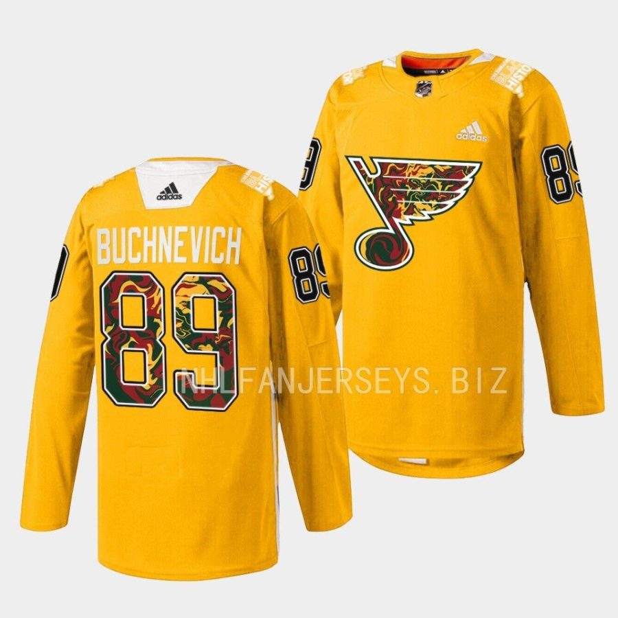 pavel buchnevich blues yellow 2023black history night warmup jersey