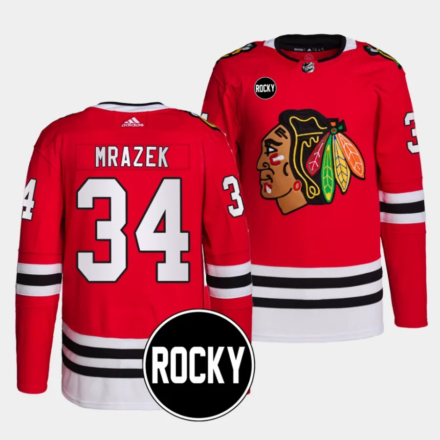 petr mrazek blackhawks red 2023 24authentic home rocky patch jersey