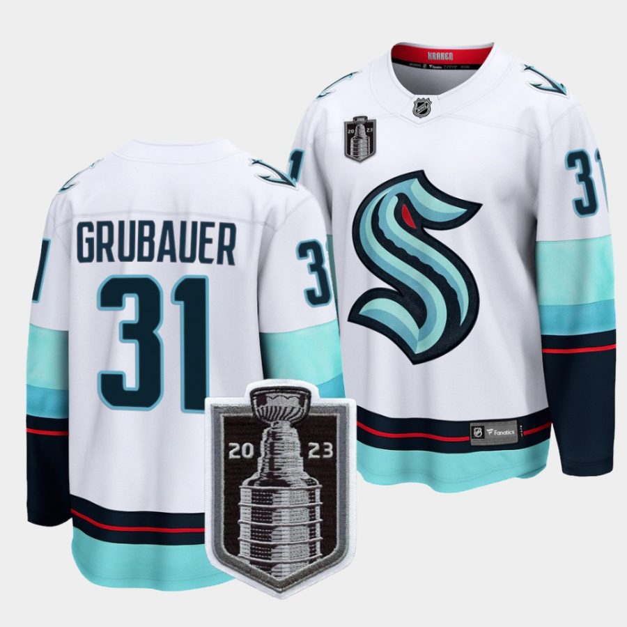 philipp grubauer kraken white 2023 stanley cup playoffs away jersey