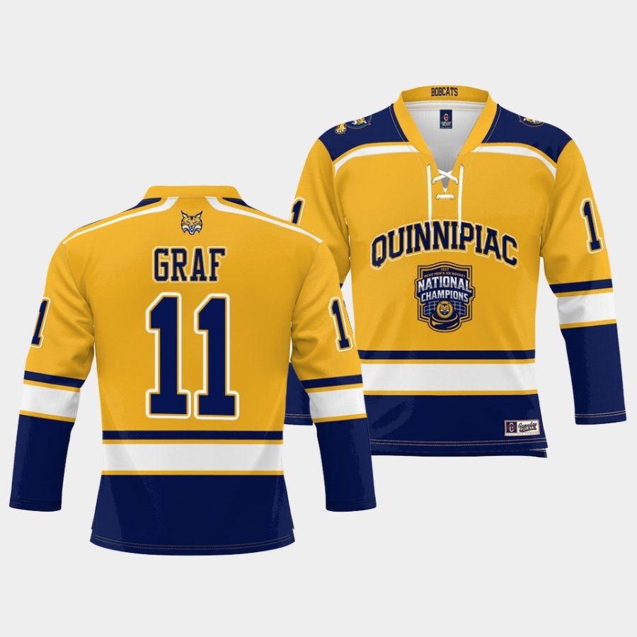 quinnipiac bobcats collin graf 2023 ncaa national champions gold ice hockey jersey