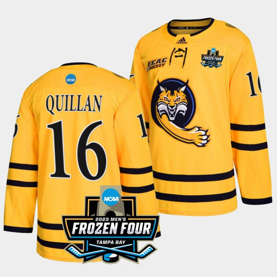 quinnipiac bobcats jacob quillan 2023 ncaa national championship gold ice hockey jersey