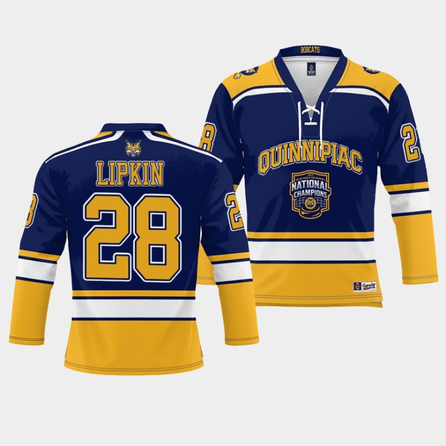 quinnipiac bobcats sam lipkin 2023 ncaa ice hockey national champions navy jersey