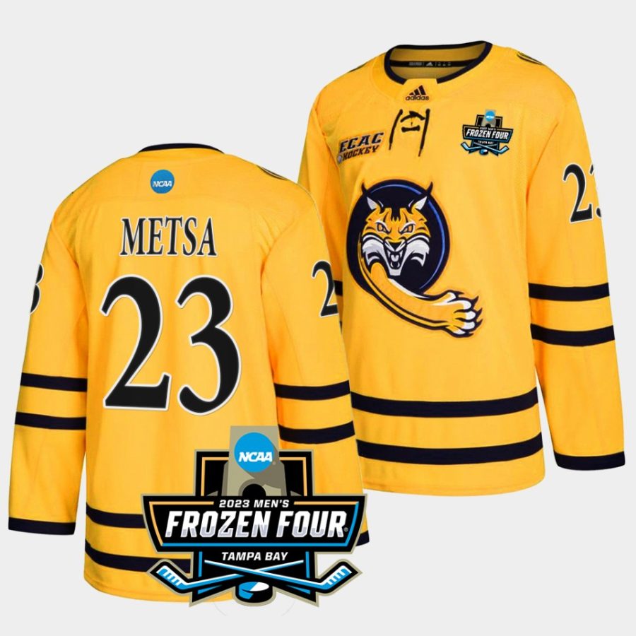 quinnipiac bobcats zach metsa 2023 ncaa national championship gold ice hockey jersey