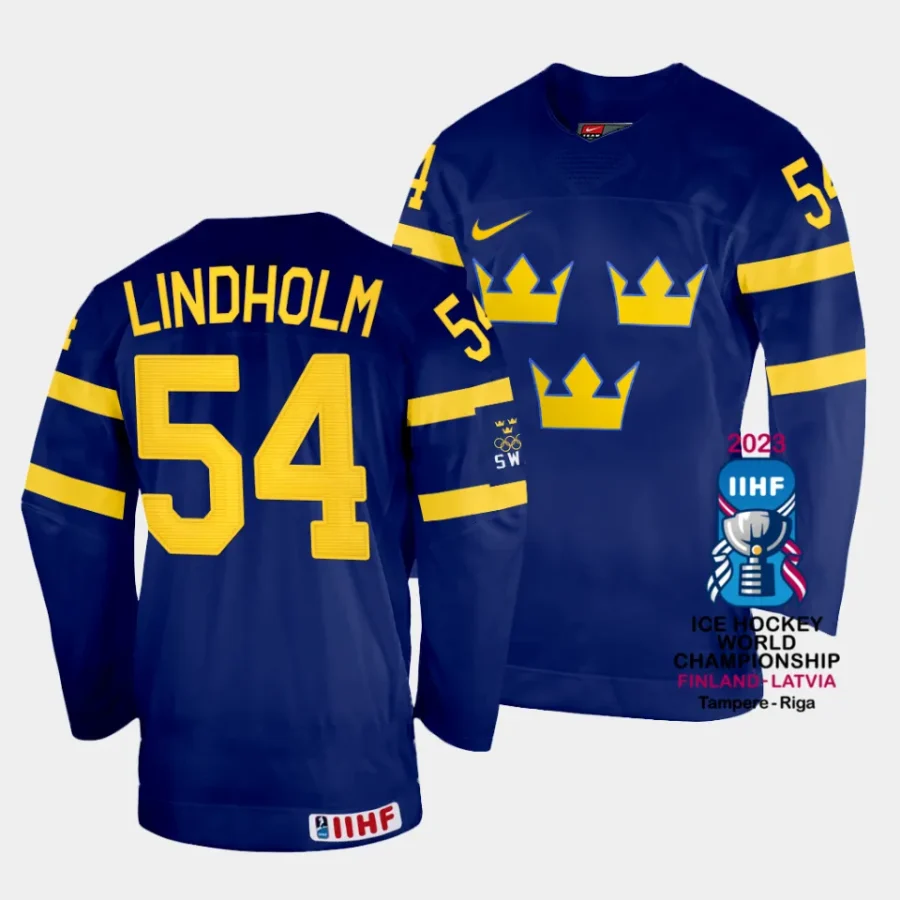 sweden anton lindholm 2023 iihf world championship navy away jersey