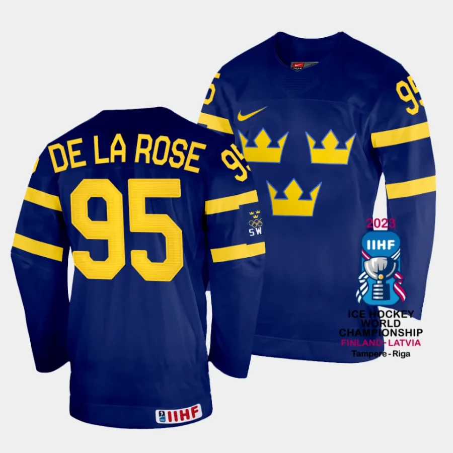 sweden jacob de la rose 2023 iihf world championship navy away jersey